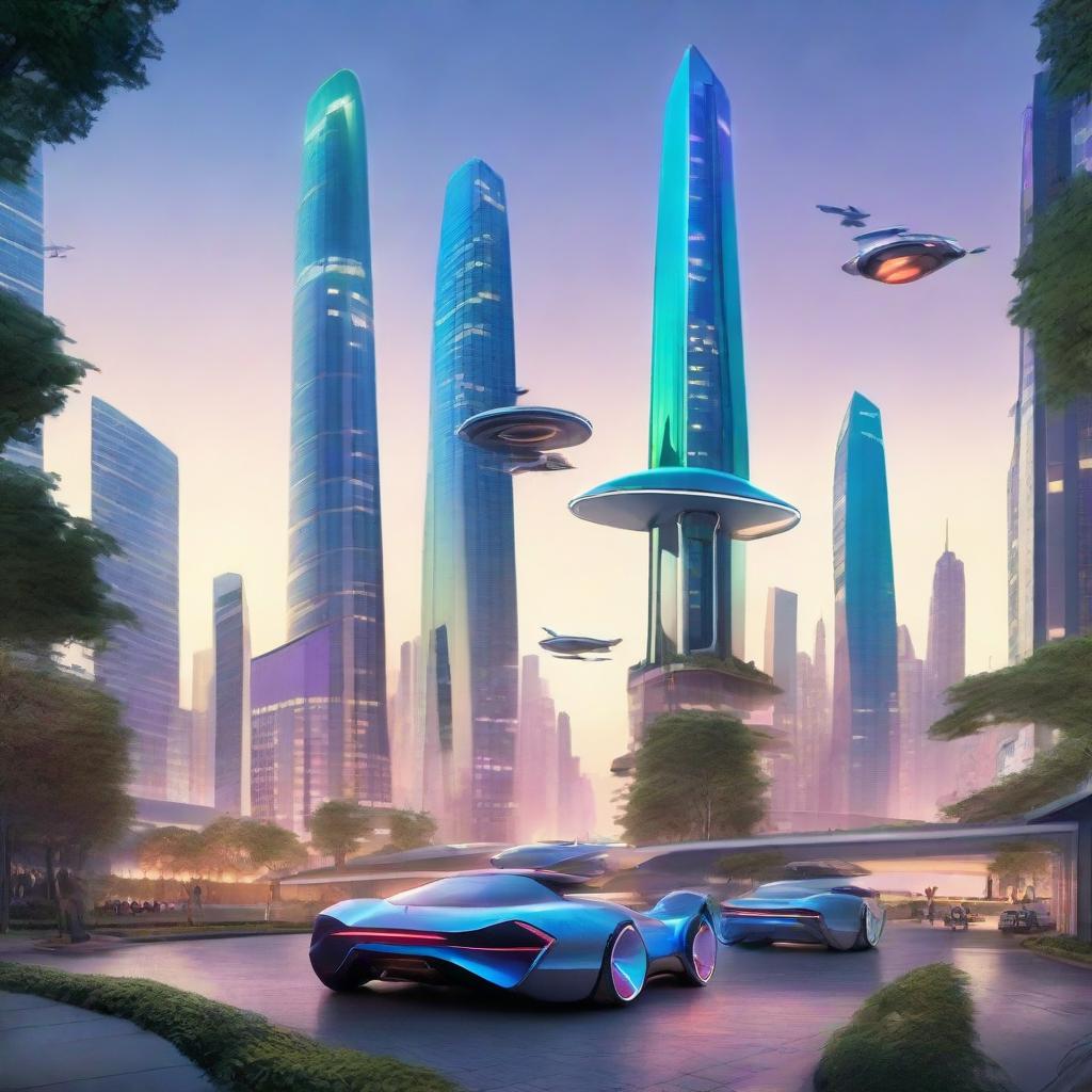 A futuristic cityscape glowing under a twilight sky, with flying cars, towering skyscrapers with greenery, and people in modern, clean energy suits.