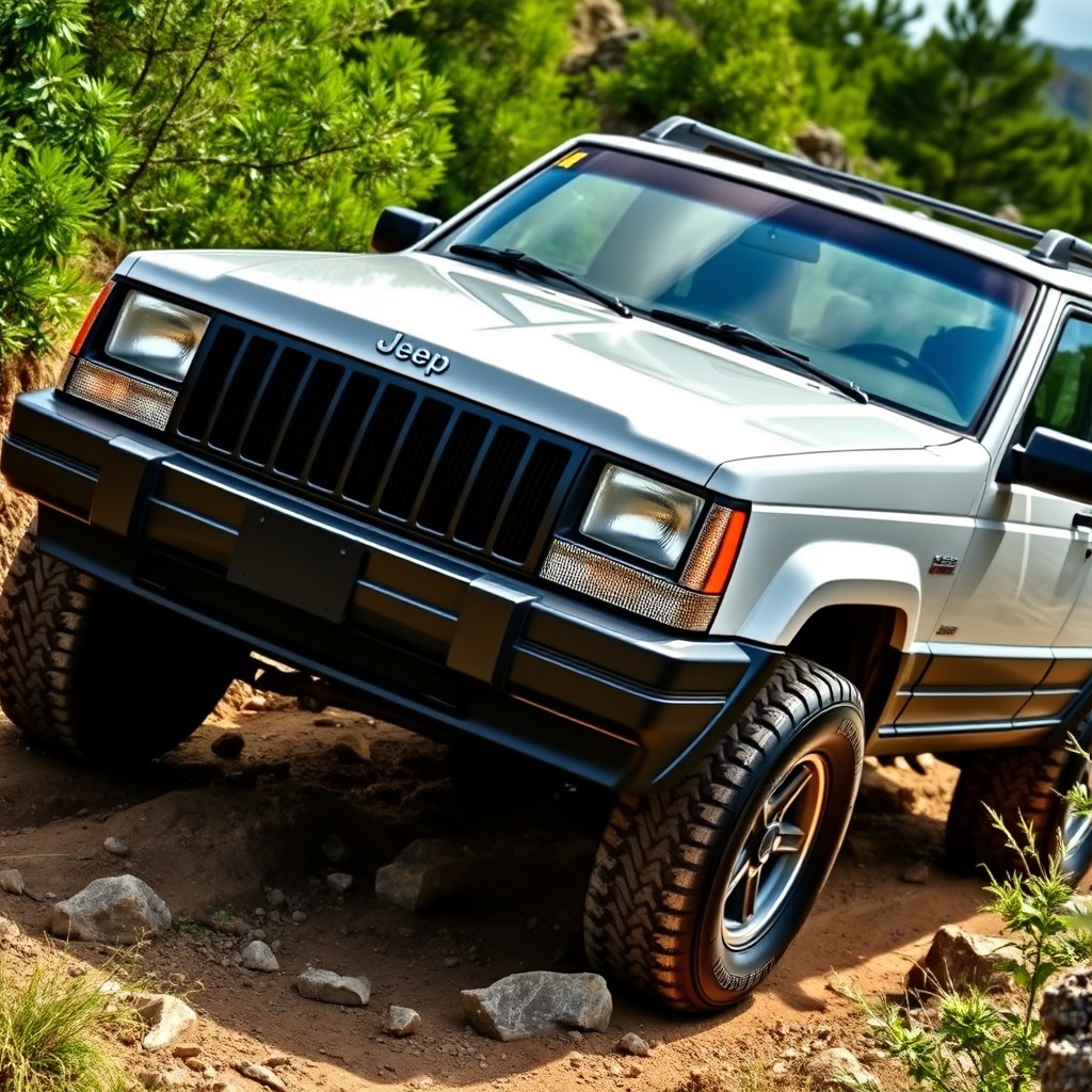 A glossy white 1994 Jeep Grand Cherokee with a striking gloss black grill and gloss black lower panels