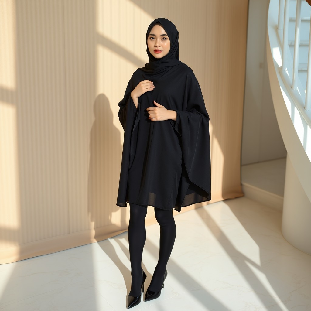A woman elegantly dressed in a traditional black chador that fully covers her head and body