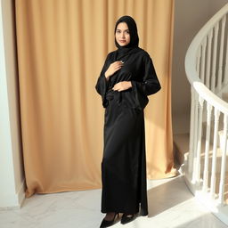 A woman elegantly dressed in a traditional black chador that fully covers her head and body