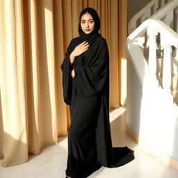 A woman elegantly dressed in a traditional black chador that fully covers her head and body