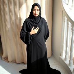 A woman elegantly dressed in a traditional black chador that fully covers her head and body