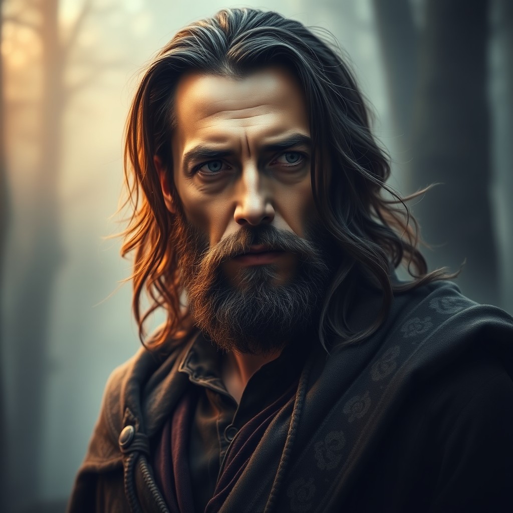 A portrait of a mysterious man, featuring a ruggedly handsome face with deep-set, enigmatic eyes that seem to hold secrets