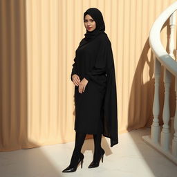 A woman elegantly dressed in a traditional black chador that fully covers her head and body, paired with chic black tights and stylish black high heels