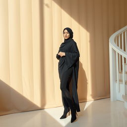 A woman elegantly dressed in a traditional black chador that fully covers her head and body, paired with chic black tights and stylish black high heels