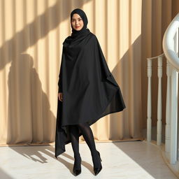 A woman elegantly dressed in a traditional black chador that fully covers her head and body, paired with chic black tights and stylish black high heels