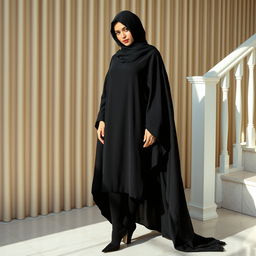 A woman elegantly dressed in a traditional black chador that fully covers her head and body, paired with chic black tights and stylish black high heels