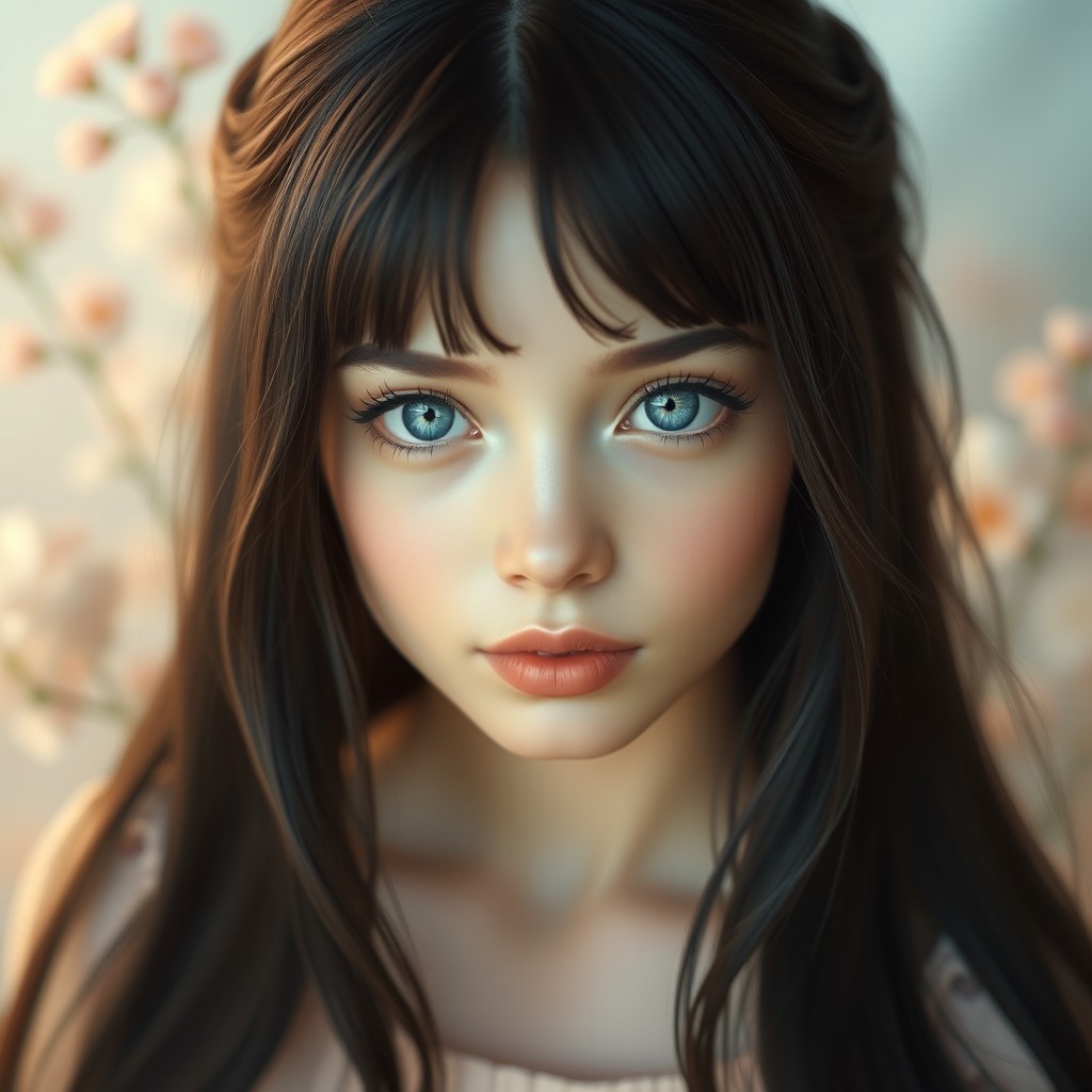 A young lady with long, flowing black hair styled with bangs framing her face