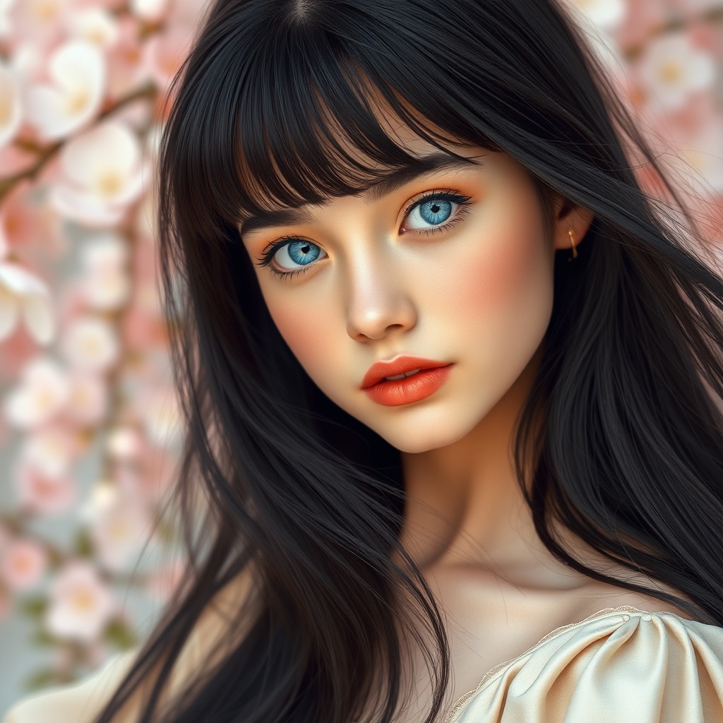 A young lady, 18 years old, with long, flowing black hair styled with bangs framing her face