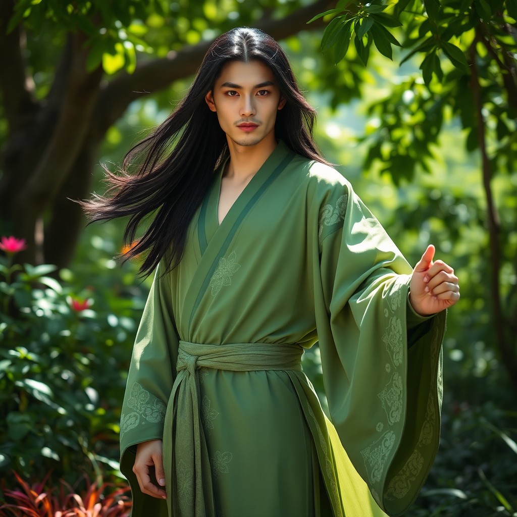A xianxia cultivator standing gracefully among lush trees and vibrant plants, showcasing his entire body