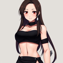 An anime woman with very dark hair, ranging from deep brown to black, flowing gracefully below her waist and styled at the tips to form a dolphin-tail split