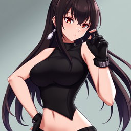 An anime woman with very dark hair, ranging from deep brown to black, flowing gracefully below her waist and styled at the tips to form a dolphin-tail split