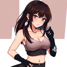 An anime woman with very dark hair, ranging from deep brown to black, flowing gracefully below her waist and styled at the tips to form a dolphin-tail split