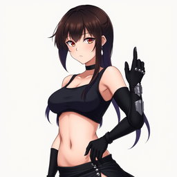 An anime woman with very dark hair, ranging from deep brown to black, flowing gracefully below her waist and styled at the tips to form a dolphin-tail split