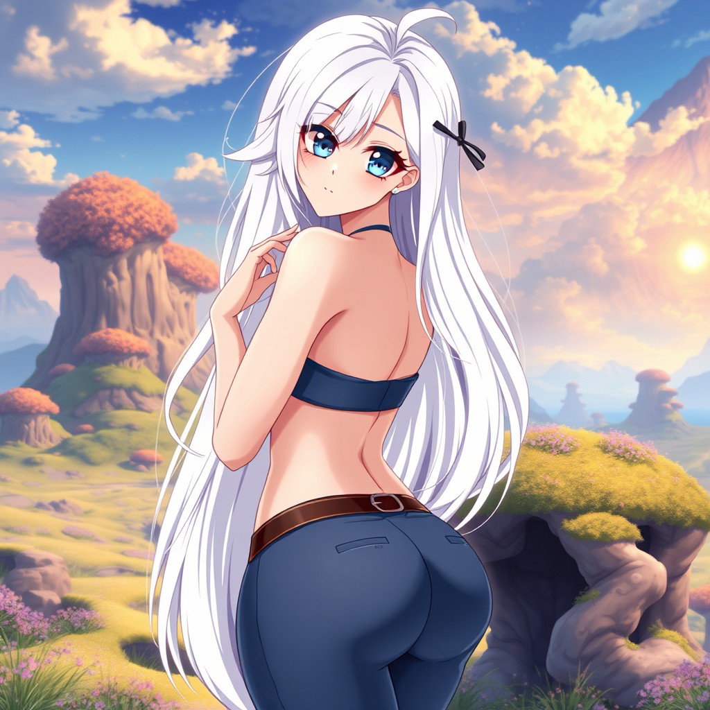 An anime girl with long white hair styled beautifully, showcasing a gorgeous and curvy figure