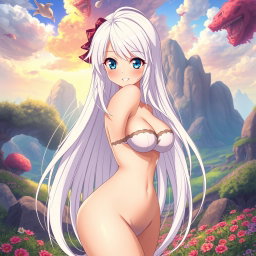 An anime girl with long white hair styled beautifully, showcasing a gorgeous and curvy figure