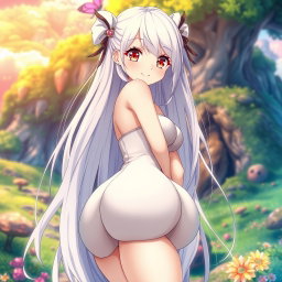 An anime girl with long white hair styled beautifully, showcasing a gorgeous and curvy figure