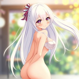 An anime girl with long, flowing white hair that cascades beautifully down her back, showcasing her enchanting features