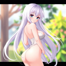 An anime girl with long, flowing white hair that cascades beautifully down her back, showcasing her enchanting features
