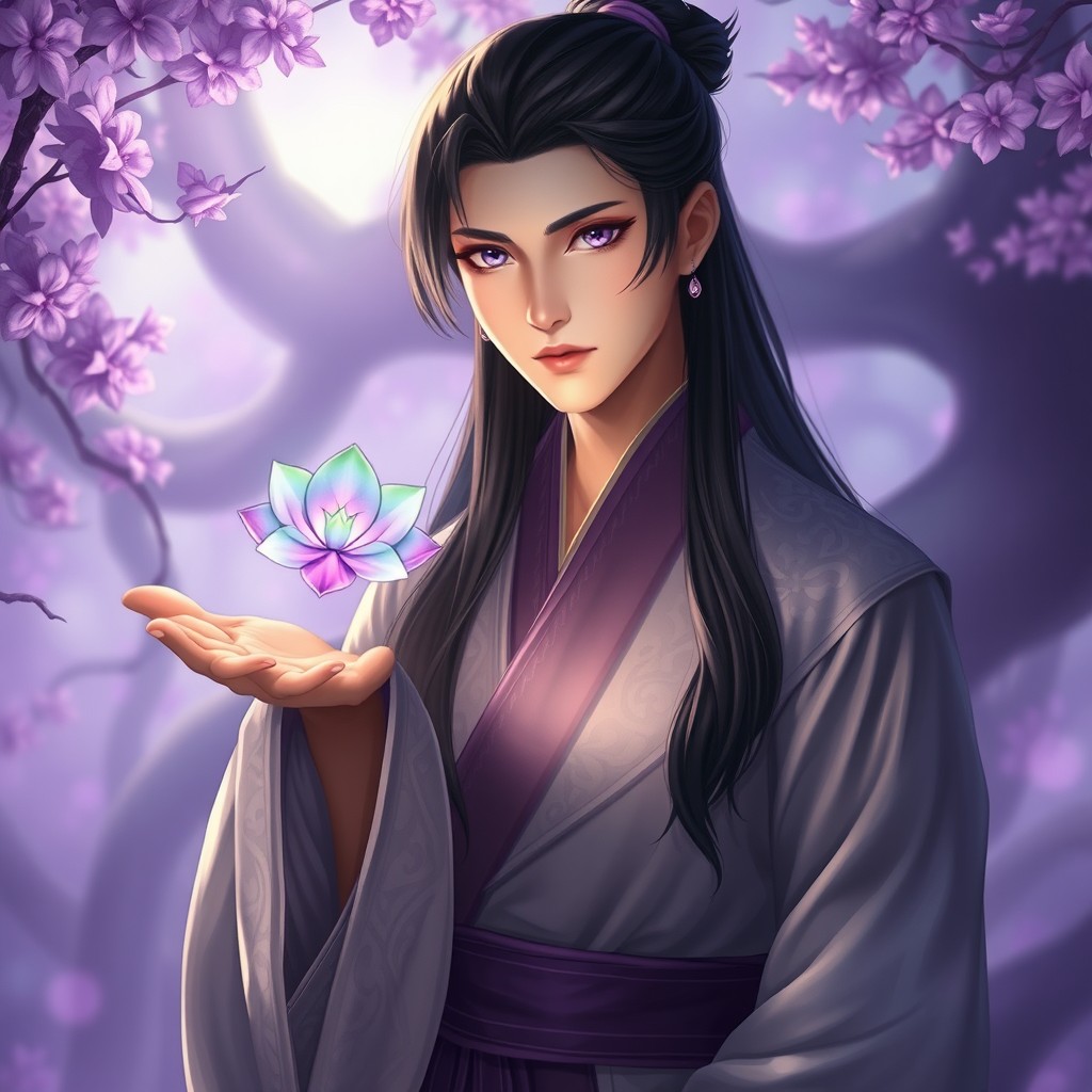 A xianxia cultivator with long black hair and striking purple eyes stands in the midst of a dreamlike, mystic forest filled with ethereal purple hues