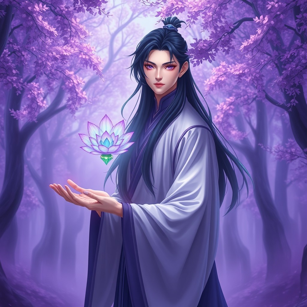 A male xianxia cultivator standing gracefully in a mystical forest filled with dreamy, purple hues