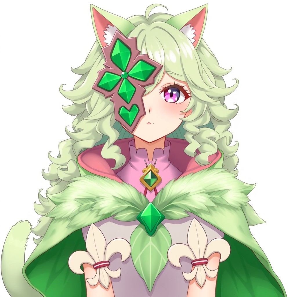 An anime adult woman with vibrant light green curly long hair that gracefully stops just above her legs