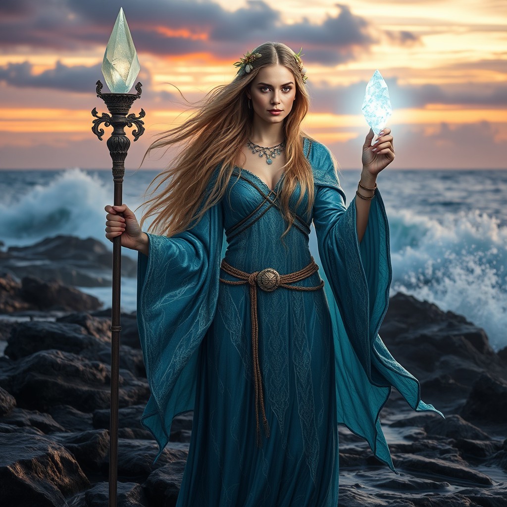 A Viking water priestess standing on the shore of a rugged coastline, adorned in intricate, shimmering blue and silver robes that flow like water