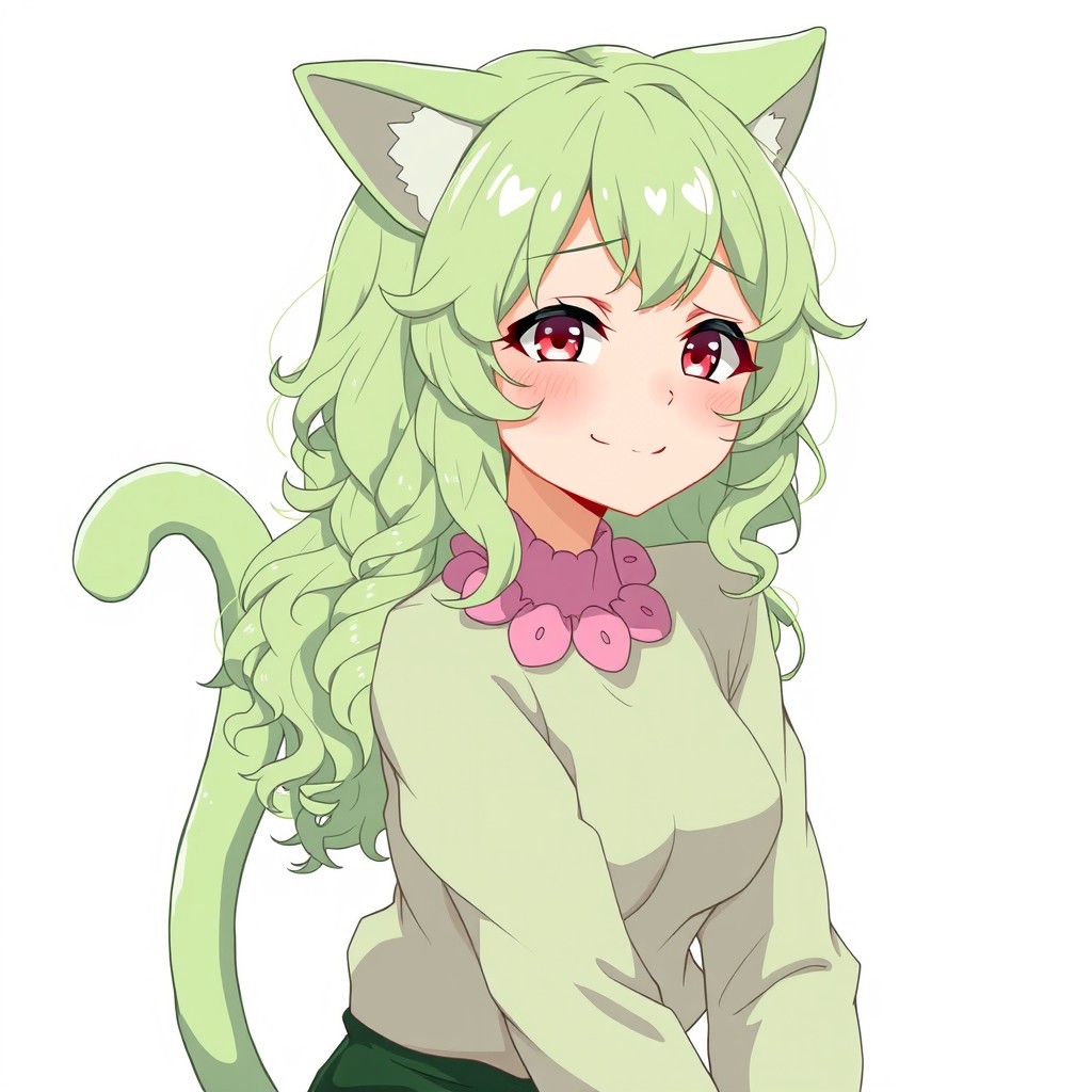 An anime adult woman with vibrant light green curly long hair cascading down her shoulders, complemented by a short, fluffy light green tail