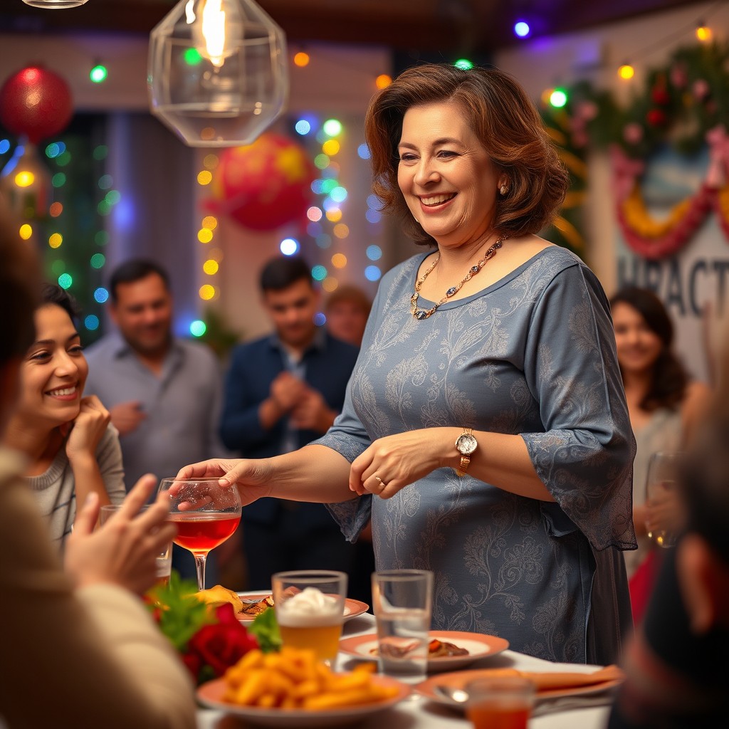 An elegant Iranian woman in her 50s, with a curvy physique, gracefully hosting a gathering of younger family members at a lively party