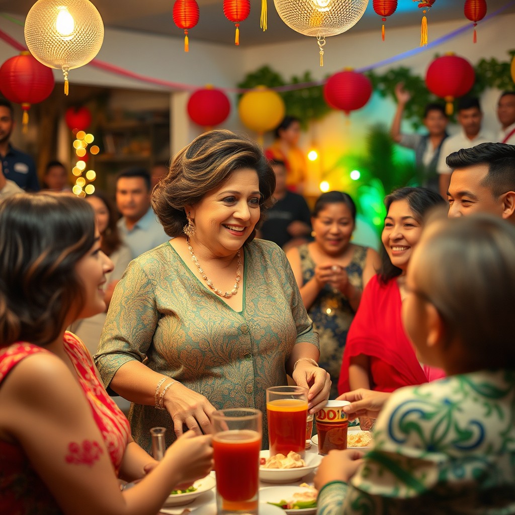 An elegant Iranian woman in her 50s, with a curvy physique, confidently hosting a lively family gathering