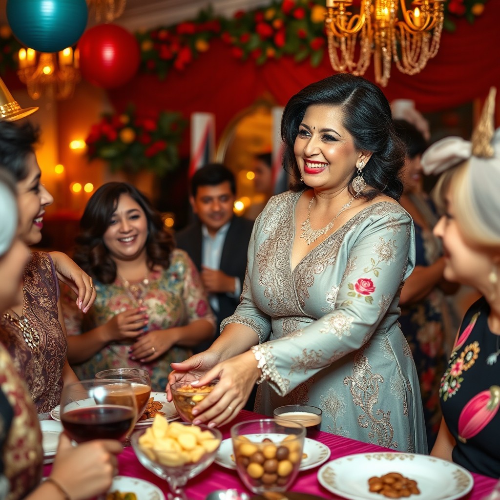 An elegant Iranian woman, 50 years old and voluptuous, confidently hosting a family gathering at a vibrant party