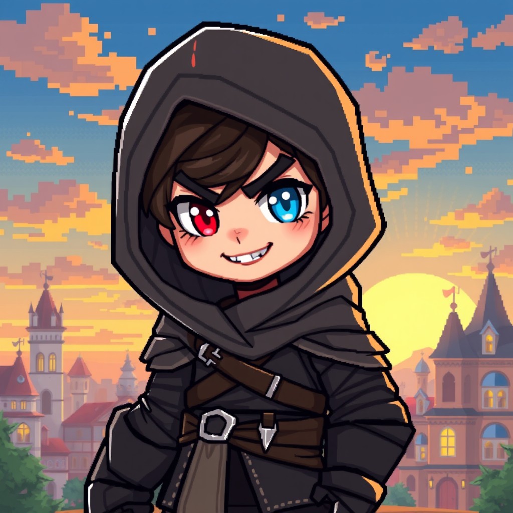 A pixel art character design of a cute male assassin wearing a hood