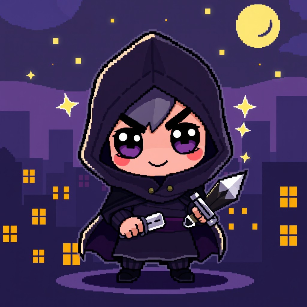 A pixel art character design of a cute hooded assassin protagonist, featuring a small figure in a dark hooded cloak, with a playful but stealthy demeanor