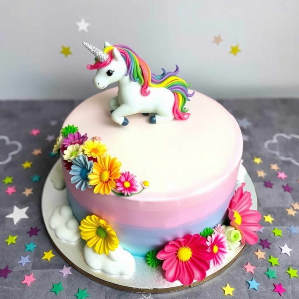 A beautifully decorated cake featuring a colorful unicorn on the top, with a rainbow mane and sparkling horn