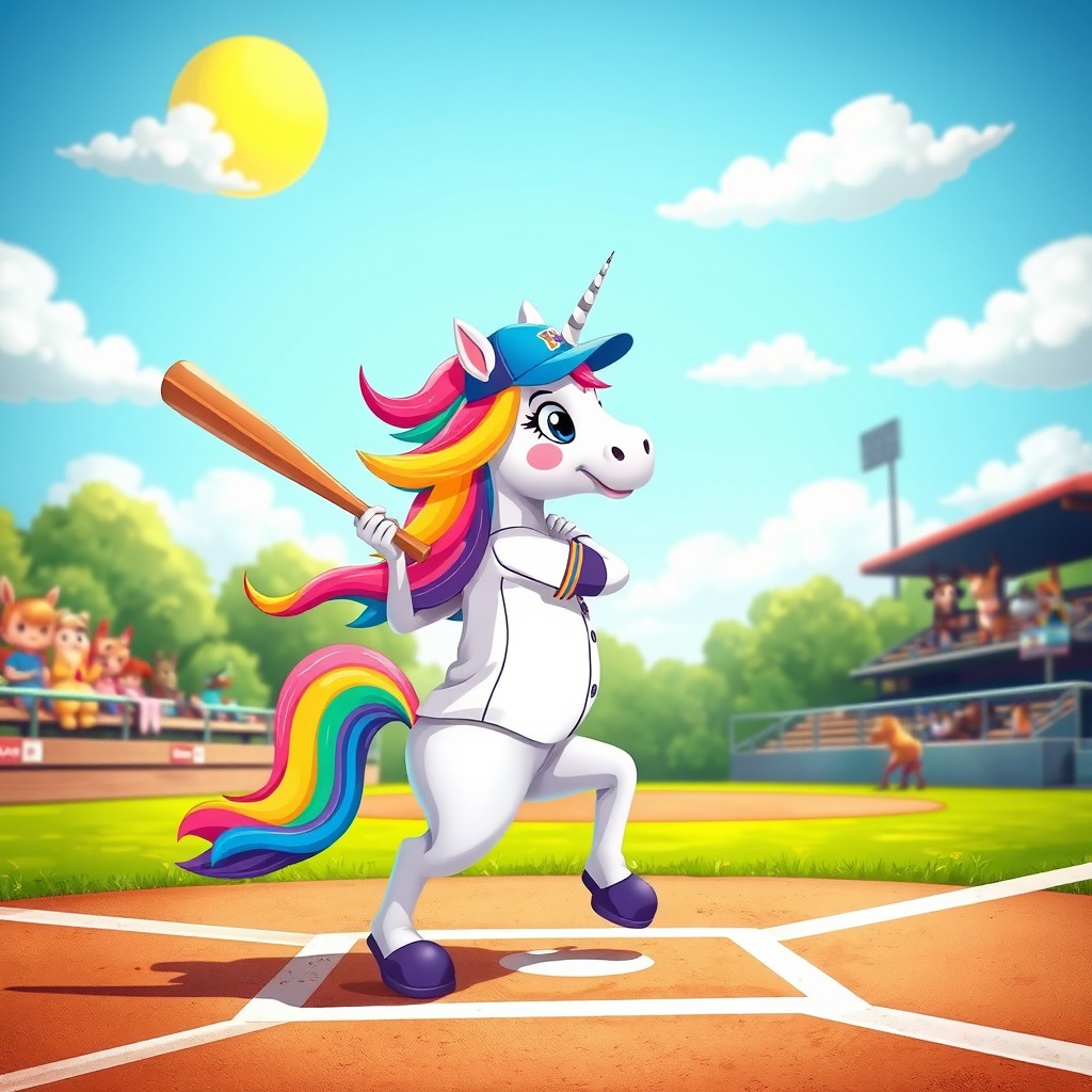 A playful scene featuring a vibrant unicorn playing baseball in a colorful, sunny park