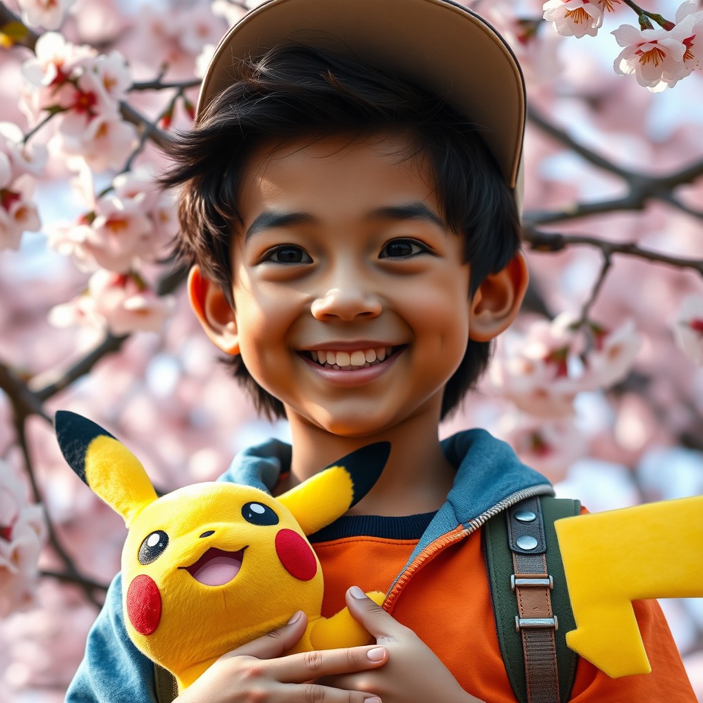 A portrait of a dark brown-haired, tan-skinned Asian boy dressed as a Pokemon trainer, joyfully interacting with his Pikachu, set against a beautiful cherry blossom background in full bloom