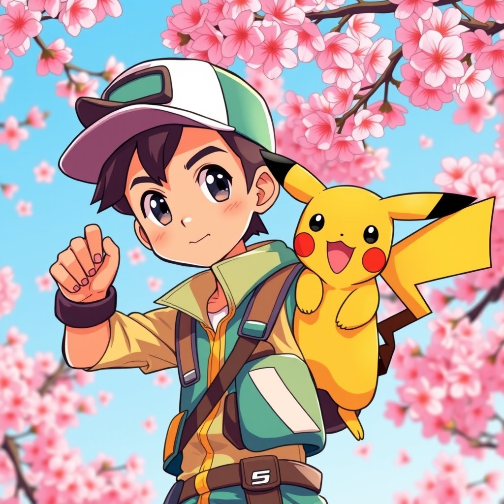 A two-dimensional anime drawing of a dark brown-haired, tan-skinned Asian boy acting as a Pokemon trainer, accompanied by his cheerful Pikachu
