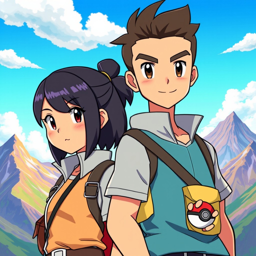 A two-dimensional anime portrait featuring a black-haired Asian girl and a brown-haired Hispanic boy, both depicted as Pokémon trainers
