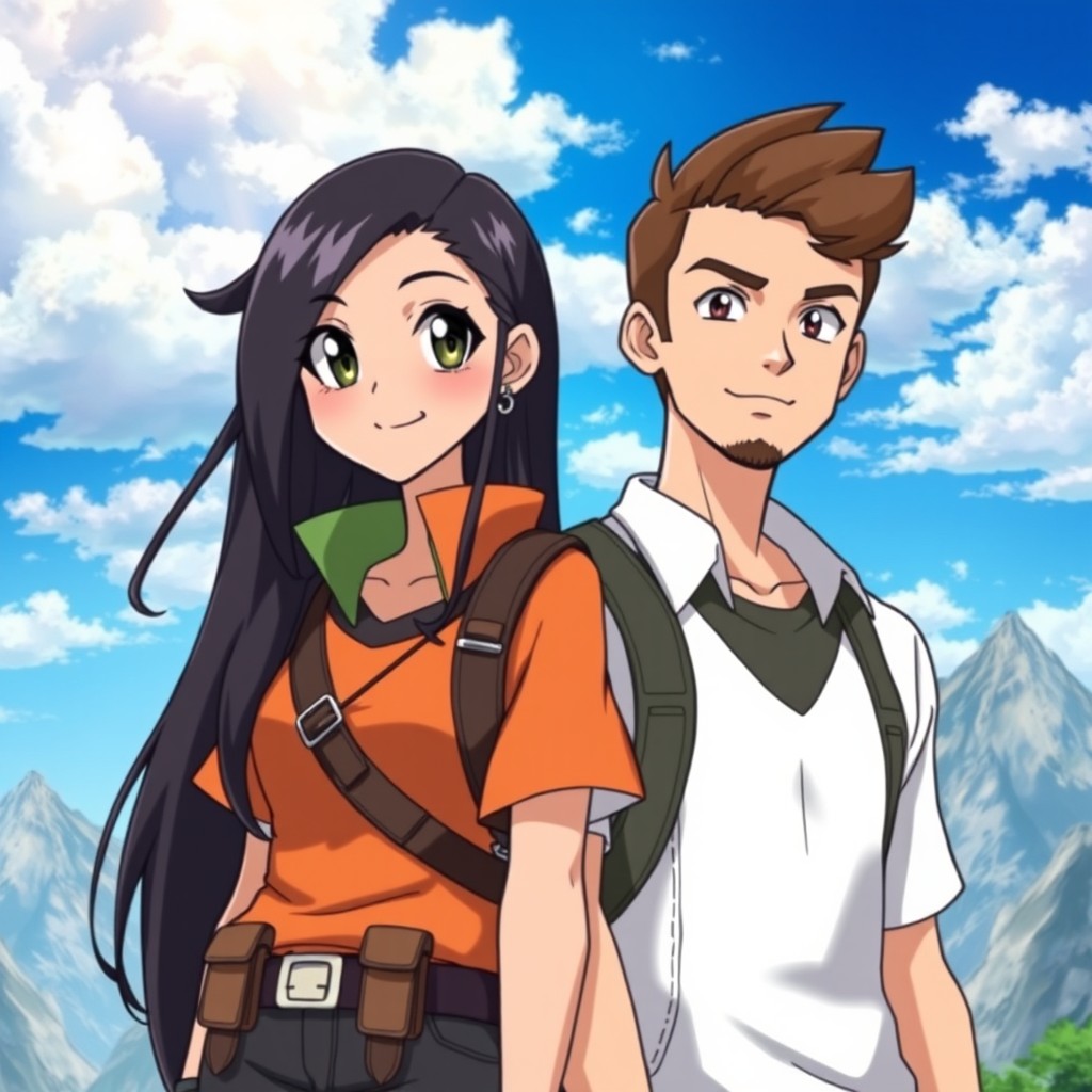 A two-dimensional anime portrait featuring a long black-haired Asian girl and a brown-haired Hispanic boy with stubble, both depicted as Pokémon trainers