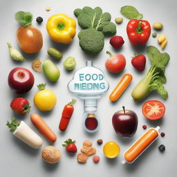 An image combining elements of food and medicine, illustrating the concept 'Let food be your medicine and medicine be your food'. Includes fresh, nutritious produce morphing into medicine capsules and vice versa.