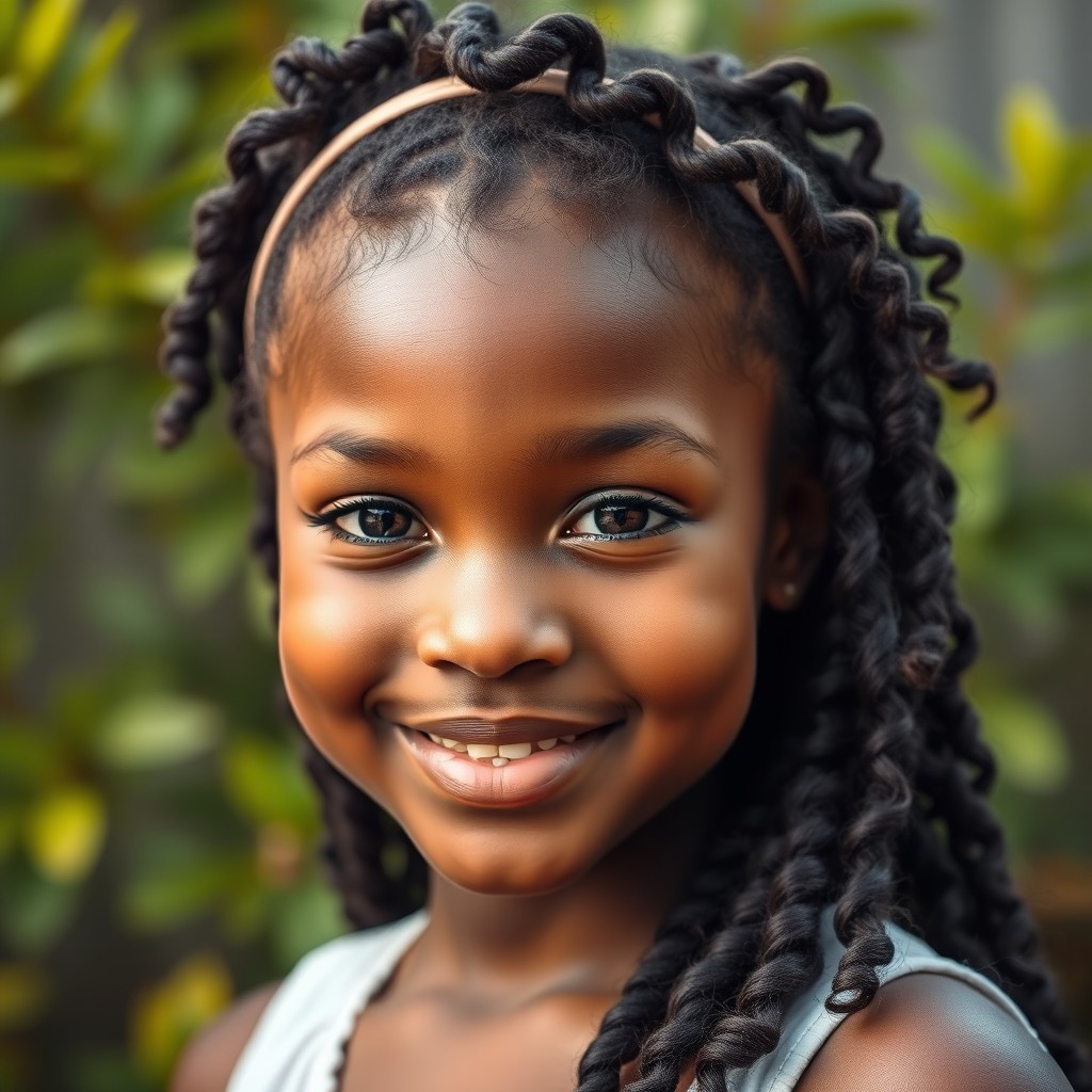 A stunning portrait of an ebony girl with beautiful, radiant skin, showcasing her features in a soft natural light
