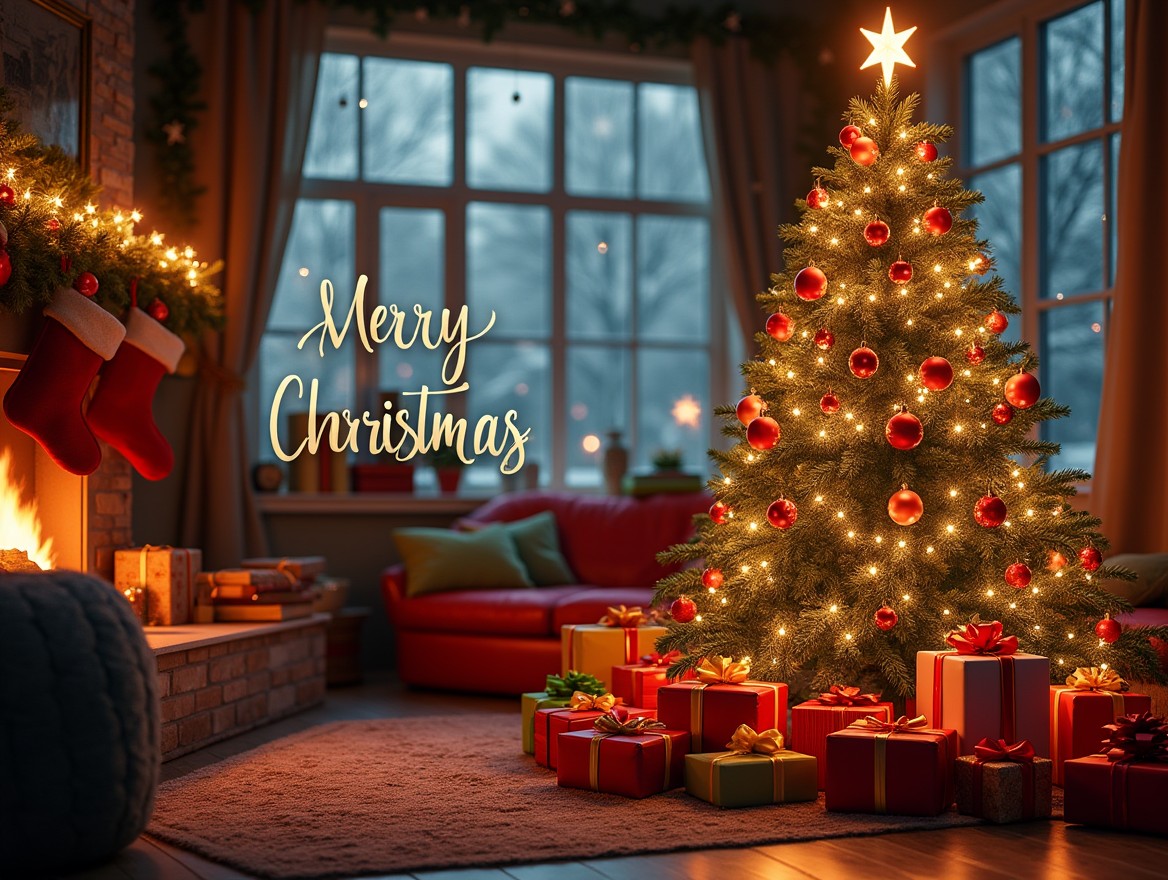 A festive Facebook cover photo for Christmas featuring a beautifully decorated Christmas tree with sparkling lights, colorful ornaments, and a star on top