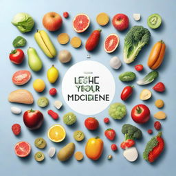 An image combining elements of food and medicine, illustrating the concept 'Let food be your medicine and medicine be your food'. Includes fresh, nutritious produce morphing into medicine capsules and vice versa.