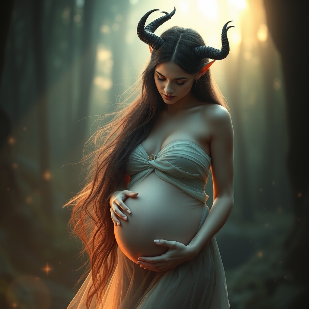 A captivating depiction of a beautiful, ethereal succubus who is pregnant