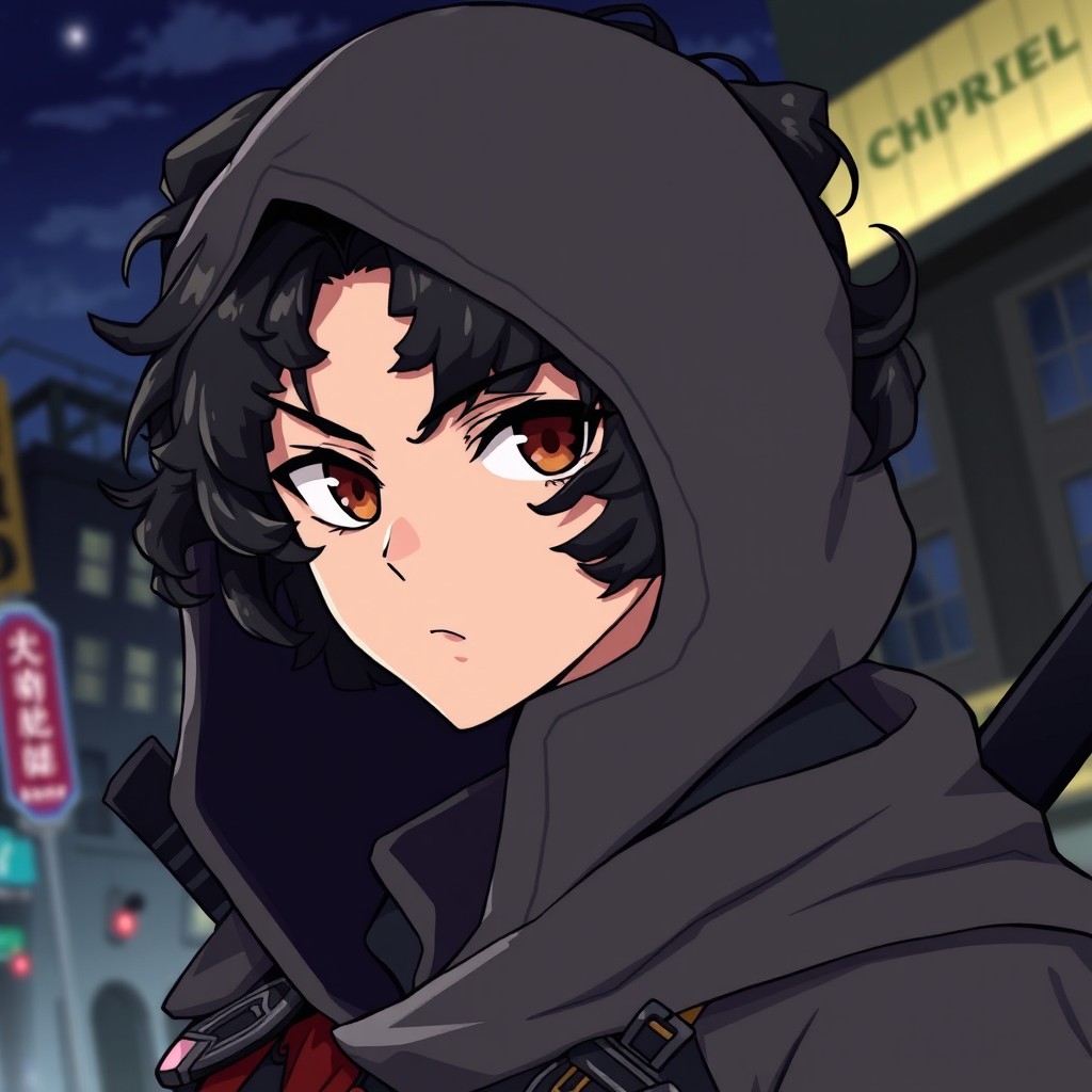 An anime-style assassin character with black curly hair that frames their face, wearing a hood that partially conceals their features