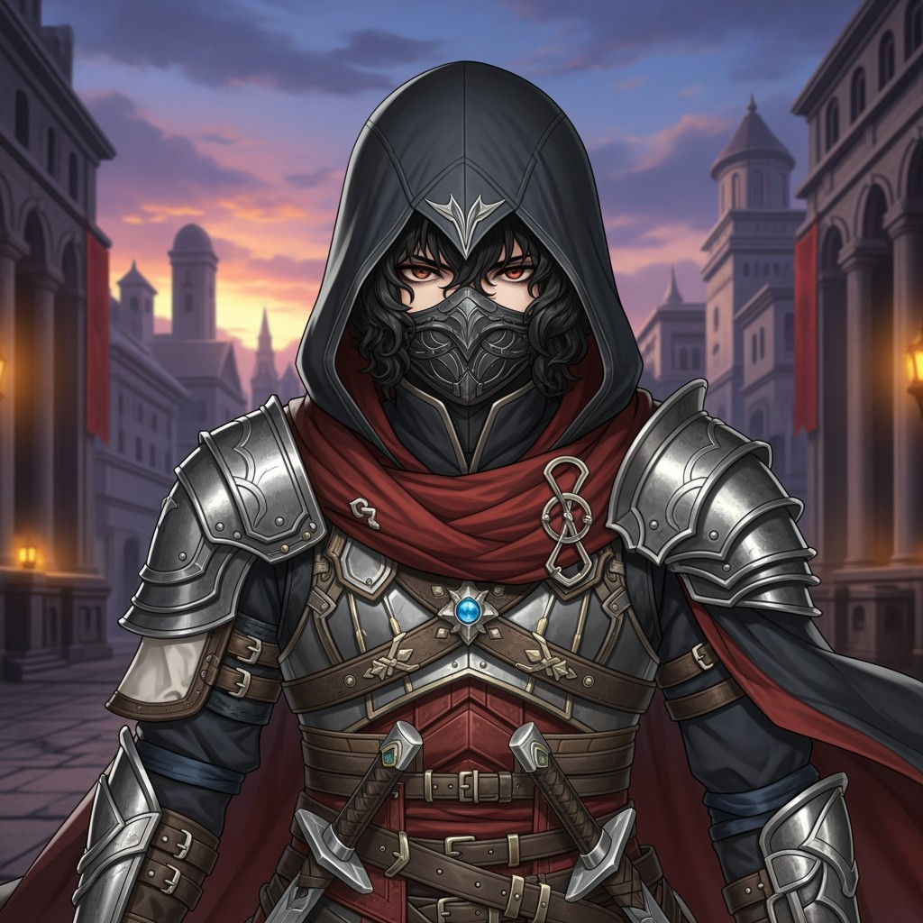 An anime-style assassin game character featuring black curly hair that elegantly frames their face