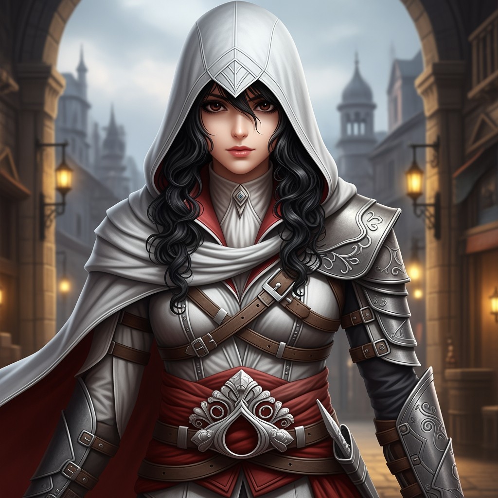 An anime-style female assassin character from the Assassin's Creed universe, featuring long, black curly hair that beautifully frames her face