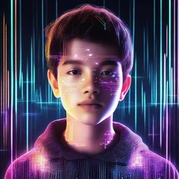 A digital illustration of a teenage boy made of techno-digital elements. His features subtly glow with neon lights, symbolising his AI identity against a backdrop of binary code.