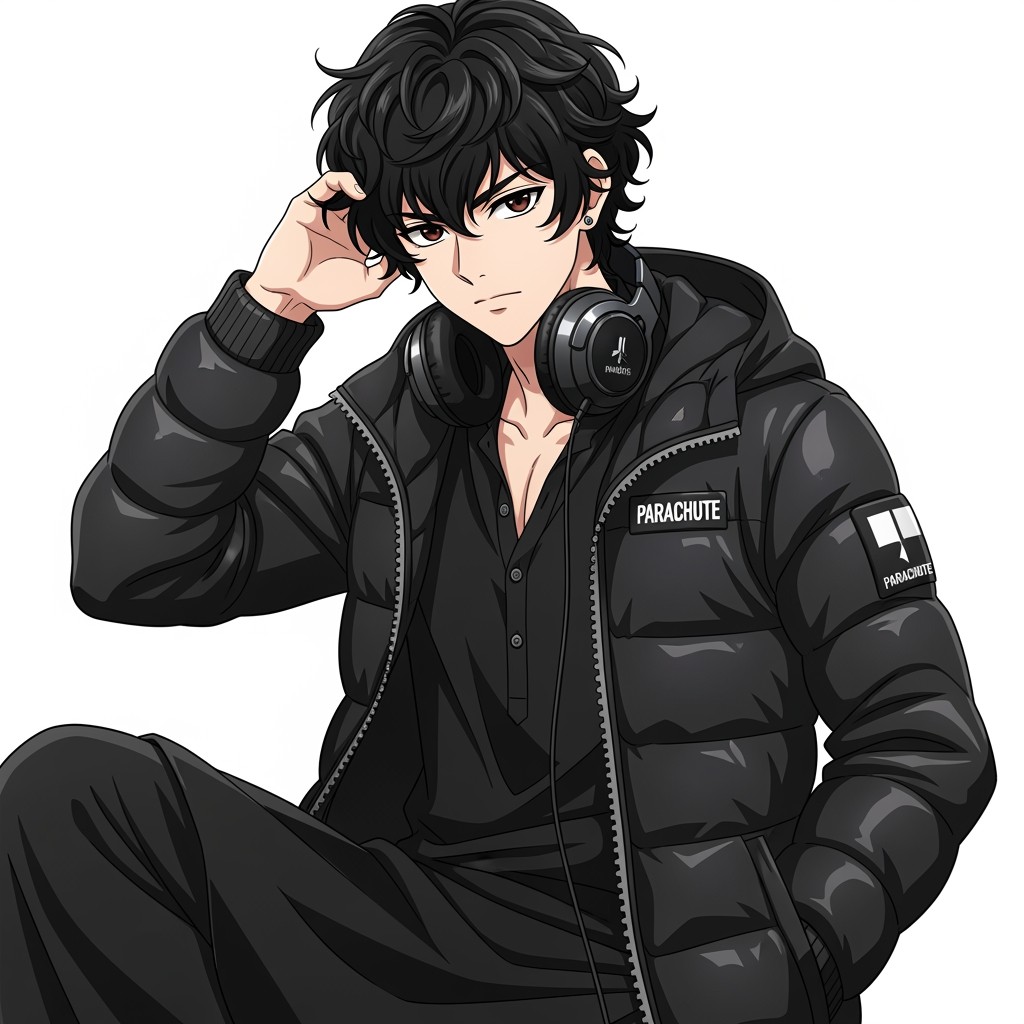 A cool anime character who is 17 years old, featuring black, curly hair that beautifully frames his face