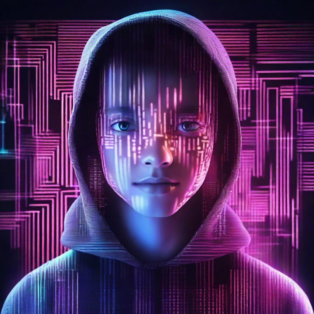 A digital illustration of a teenage boy made of techno-digital elements. His features subtly glow with neon lights, symbolising his AI identity against a backdrop of binary code.